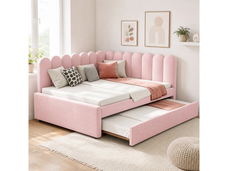  Lit gigogne 140x200 cm en velours rose, dossier en l à motif pétale  - Conforama D