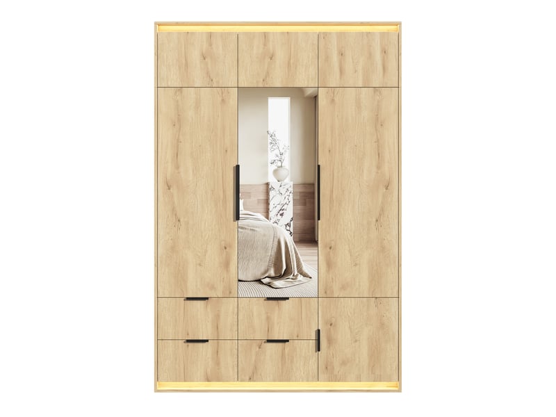 Armoire penderie 3 portes 135x47x200 cm, miroir intégré, éclairage led, 1 tringle, 4 tiroirs, 7 compartiments, effet chêne et anthracite - Conforama A