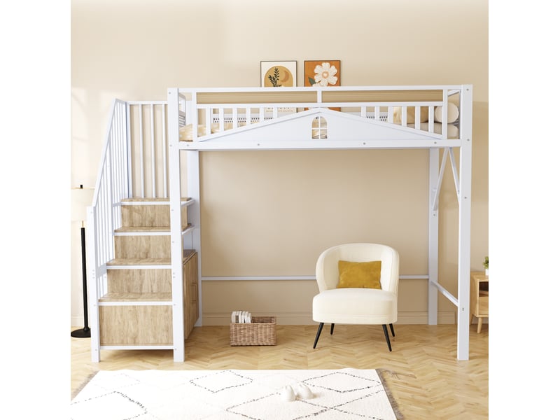 Lit mezzanine enfant 90x200 cm en métal avec escalier de rangement blanc - Conforama B