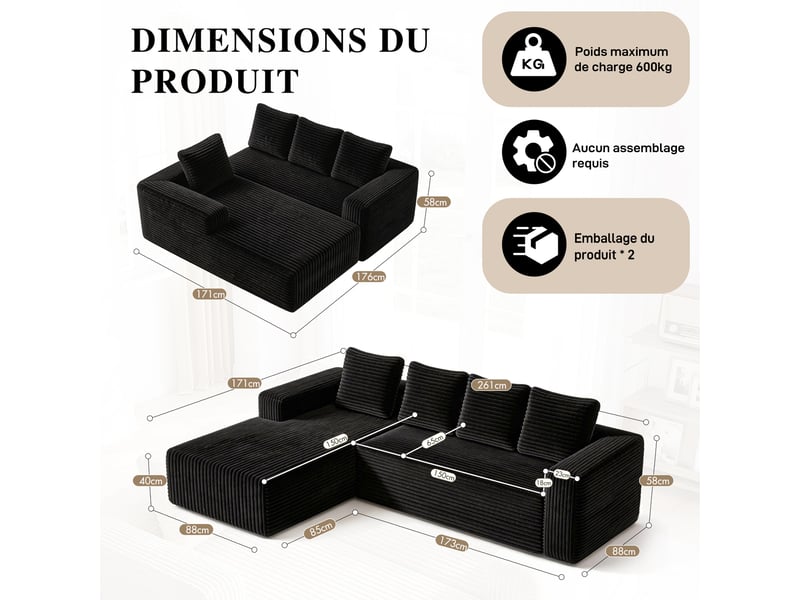  Canapé d'angle modulable 4 places en velours côtelé gris, 261 x 171 x 58 cm, méridienne droite, sans montage, assise profonde, pour le salon CARDUME ESTIVAL - Conforama C