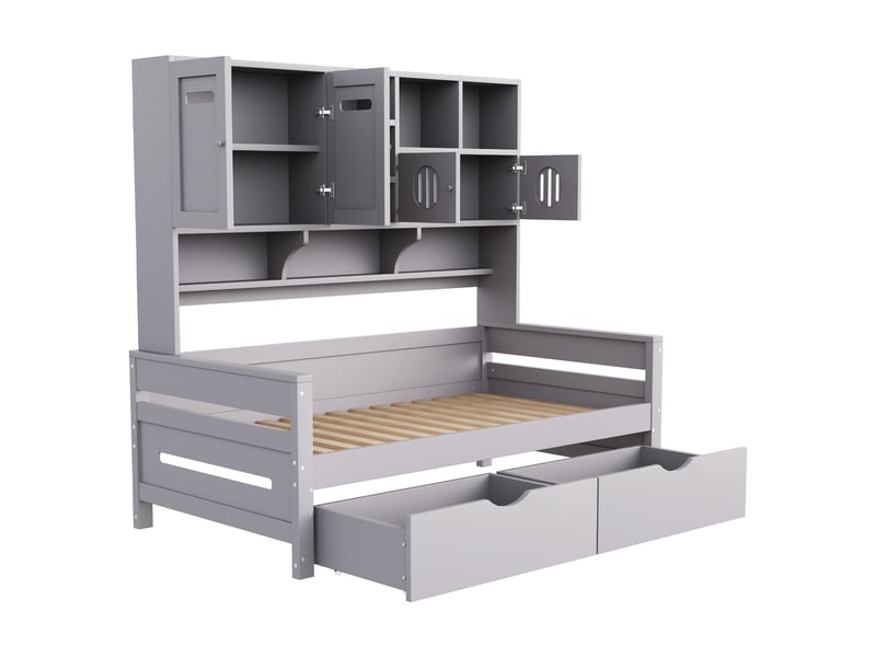  Lit coffre 90x200 cm avec rangements, 2 tiroirs, pin gris, sans matelas  - Conforama R