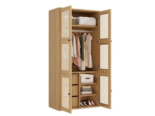 Armoire en rotin 90x47x200cm armoire penderie 3 tiroirs effet chêne