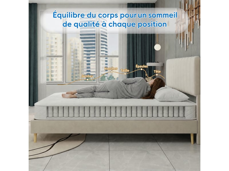  Matelas 140x200 cm épaisseur 23 cm ressorts ensachés indépendants mousse à mémoire de forme tissu 3d blanc  - Conforama E