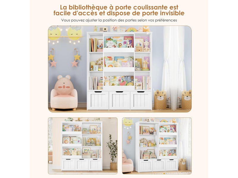  Bibliothèque enfant avec porte coulissante, 120,5x37x100cm blanc  - Conforama E