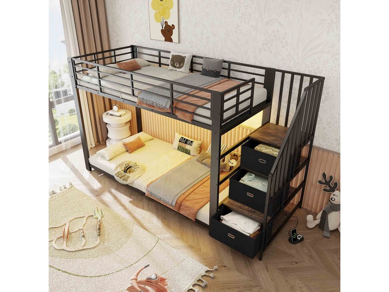  Lit superposé enfant 90x200 cm en métal avec escalier rangement, led, prises usb, barrière de sécurité, échelle réversible gauchedroite - noir  - Conforama D