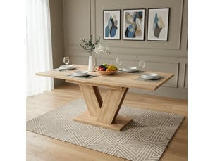Table de salle à manger extensible rectangulaire pour 4 à 8 personnes avec plateau en mdf et piétement en v, chêne