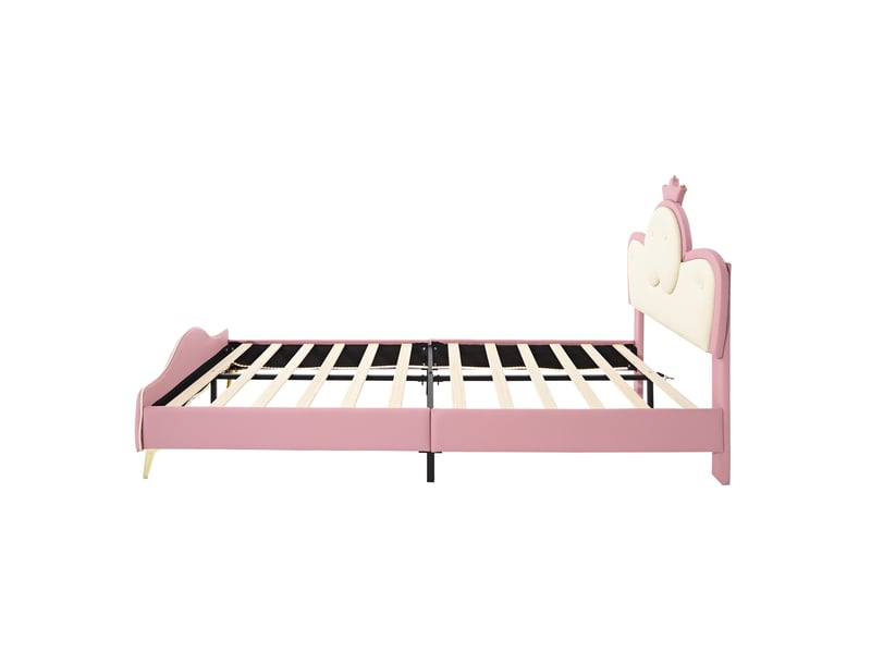  Lit capitonné pour enfant, avec bords protecteurs doux, bande led monochrome, tête de lit ornée d'une couronne, pieds de lit en métal, forme ondulée avec point de traction à la tête de lit, lit simple, pu, rose et blanc, 90 x 20…  - Conforama E