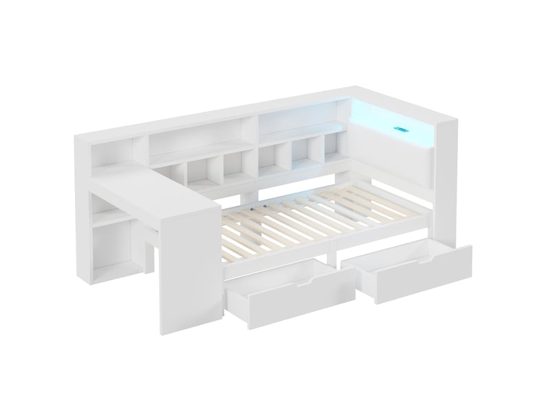 Lit combiné 90 × 200 cm en l, bureau, bibliothèque, tiroirs et tête rembourrée, led, mdf et contreplaqué, blanc - Conforama A
