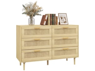 Commode à 6 tiroirs, façade en rotin, pieds en bois, style bohème, 110 x 40 x 75 cm, chêne