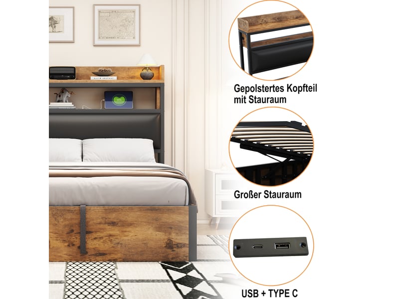  Lit coffre adulte 180x200 cm – noir – rangement hydraulique, tête de lit rembourrée et ports usb intégrés  - Conforama E
