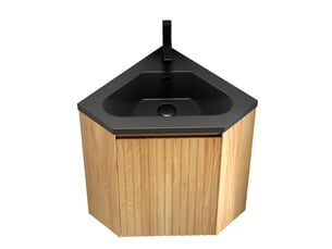 Meuble vasque d'angle mural 54,5x47,5x61,5 cm noir et bois naturel, vasque en résine pour petite salle de bain