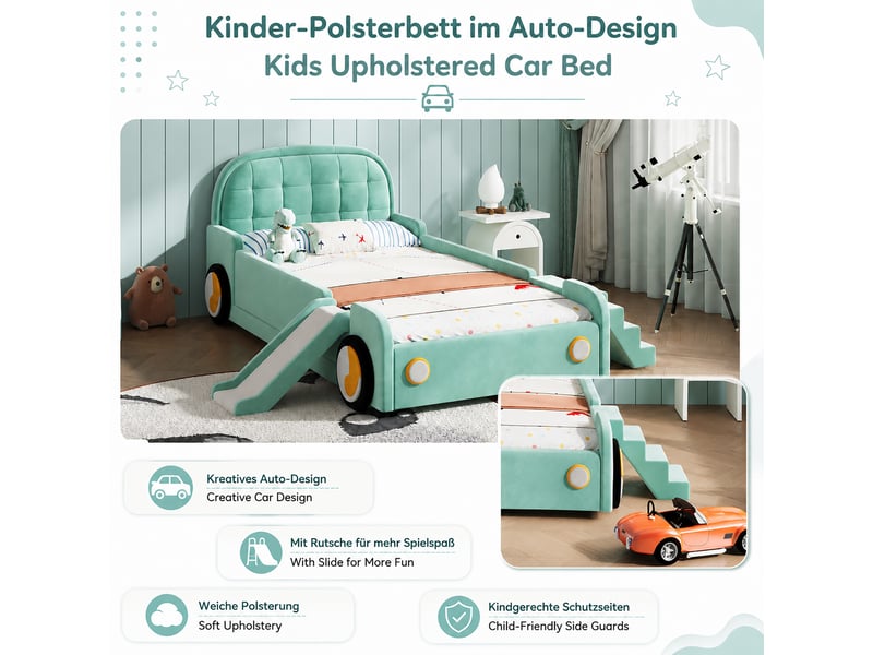 Lit enfant 90x200 cm en forme de voiture - toboggan et échelle réversibles - barrières de sécurité - velours bleu-vert - Conforama R