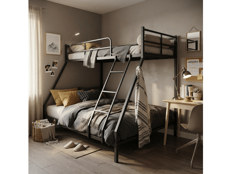  Lit simple 80x190130x190 cm – noir – 2 couchages superposés, cadre métal avec échelle et garde-corps  - Conforama E
