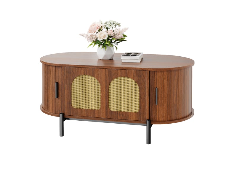  Table basse ovale avec 3 portes coulissantes et rangement en rotin, pieds métal, pour salon, 100 × 50 × 40 cm  - Conforama A