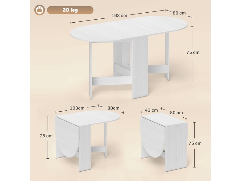  Table à manger pliante, table pliante cuisine ovale jusqu'à 6 personnes, pour petits espaces, salle à manger, blanc  - Conforama E