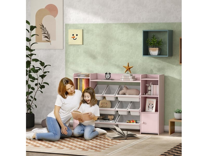  Meuble de rangement enfant 140x30x90 cm rose en mdf et métal, 8 boîtes amovibles pour jouets et livres  - Conforama B