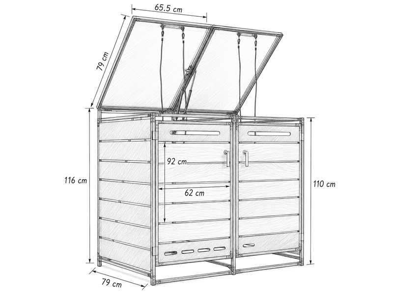 Coffre de jardin en fer avec couvercle hydraulique bardage aspect bois horizontal ventilation à fentes longues et serrure - Conforama C