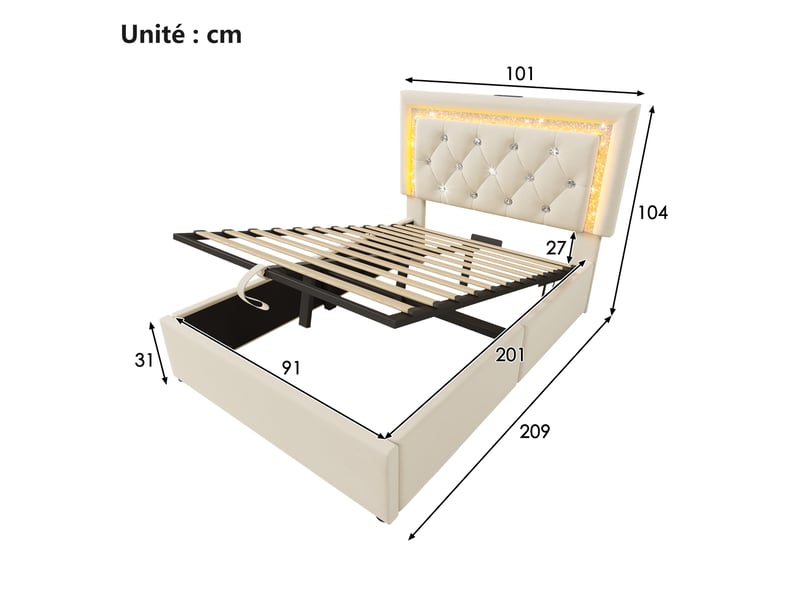  Lit coffre simple 90x200 cm - lit en velours beige avec led et station de charge, rangement hydraulique, sans matelas  - Conforama C