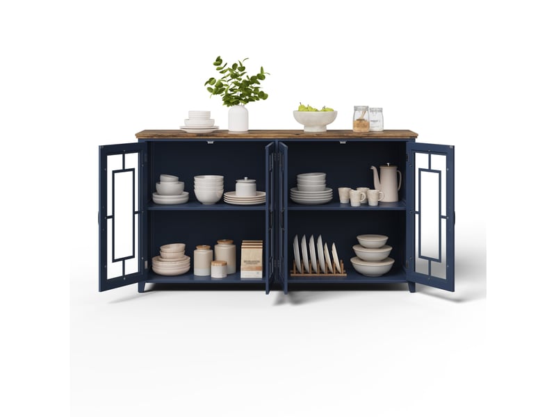  Buffet 160 cm avec portes vitrées, plateau effet bois, mdf bleu  - Conforama A