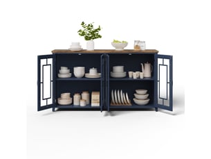 Buffet 160 cm avec portes vitrées, plateau effet bois, mdf bleu
