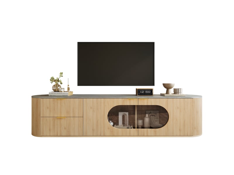  Meuble tv moderne aspect bois 172 cm - portes 3d vitrine ovale en verre gris - rangement multi-zones  - Conforama A