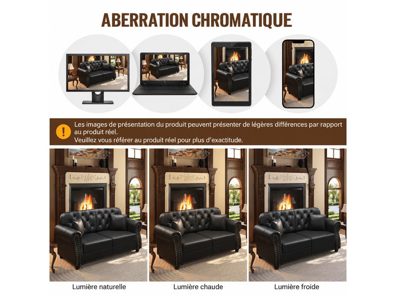 Canapé droit chesterfield 2 places en simili noir 160 cm avec pouf mobile, capitonnage et accoudoirs roulés pour salon 160X76X86cm - Conforama R