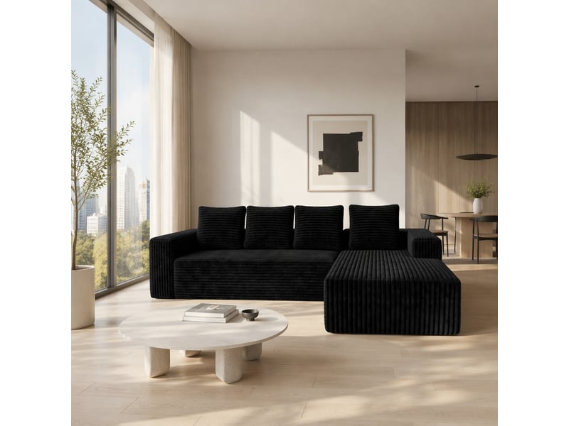  Canapé d’angle modulable en velours côtelé noir, méridienne à gauche – 261 cm IKSETERA TRADING LTD - Conforama D