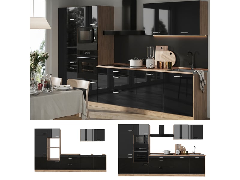  Vicco cuisine, noir haute brillancechêne doré, 340cm plan de travail marbre  - Conforama D