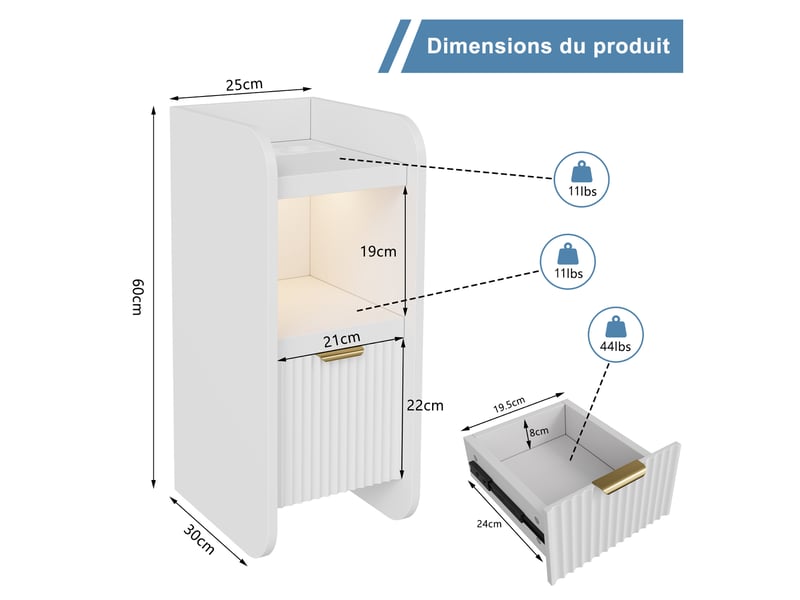  Lot de 2 tables de chevet blanches à 1 tiroir, design cannelé, bandeau led réglable, station de charge intégrée prises eu, table d’appoint multifonction pour chambre et salon  - Conforama E