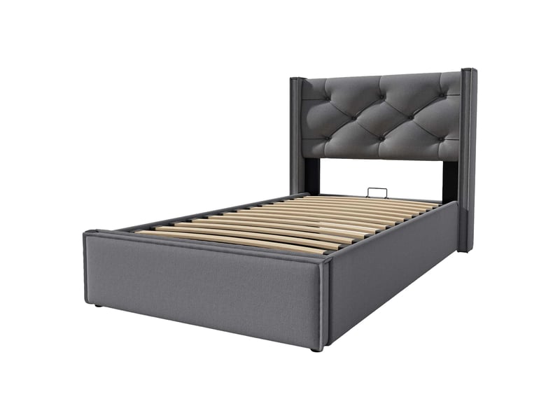  Lit coffre 90x200 cm avec matelas 25 cm, rangement hydraulique, sommier à lattes, tête de lit capitonnée, coton gris C-DEGAYUN - Conforama A