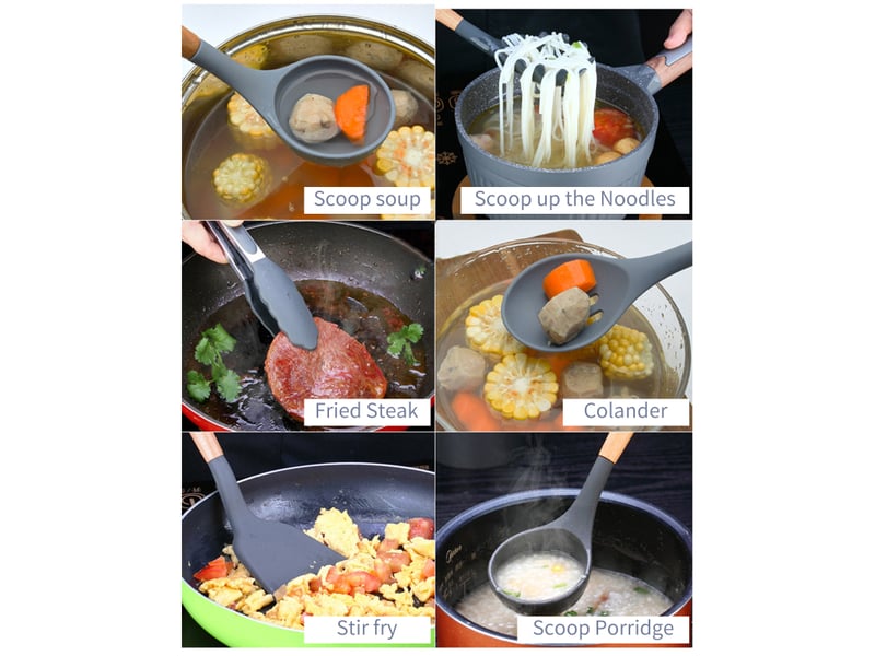 Ensemble de 13 ustensiles de cuisine en silicone rose avec seau de rangement et poêle antiadhésive - Conforama E