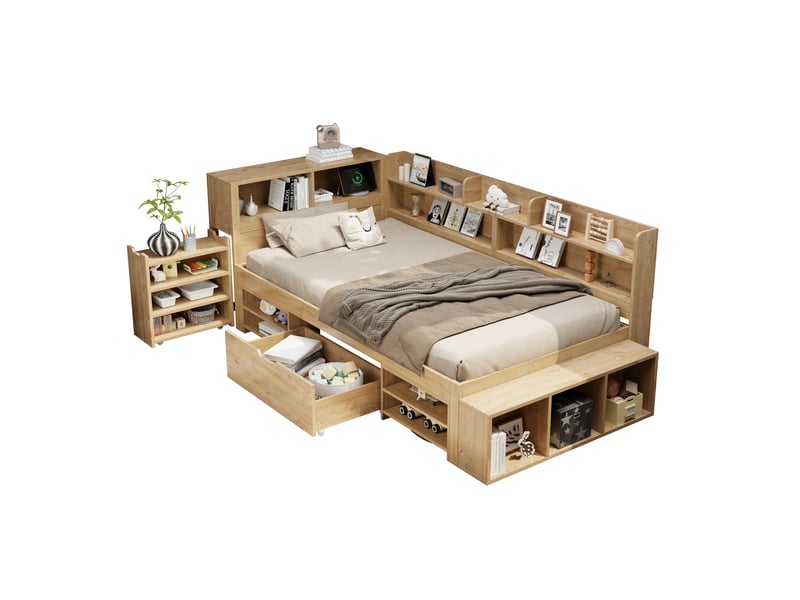 Lit enfant multifonction avec rangements 90x200 cm, chevet intégré, étagères, placards et tiroir, recharge sans fil, finition bois naturel Radiant Stride - Conforama A