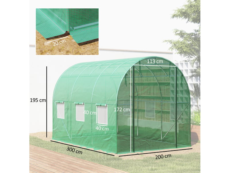 Serre tunnel de jardin 300x200x195 cm – verte – 6 fenêtres enroulables, porte à enrouler et ancrages au sol - Conforama C