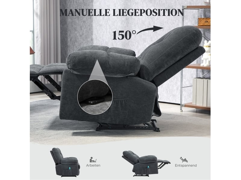  Fauteuil relax massage ulevr à 8 points vibrants, inclinable jusqu’à 150°, repose-pieds réglable, polyester gris foncé  - Conforama E