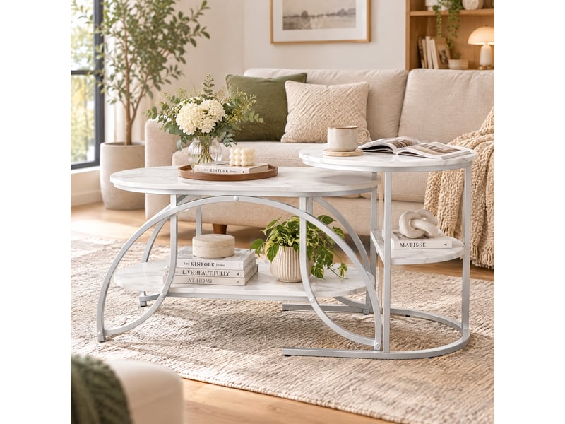  Ensemble table d'appoint, lot de 2 table basse avec rangement, petit table gigogne haute brillance moderne, pour salon,balcon et bureau  - Conforama B