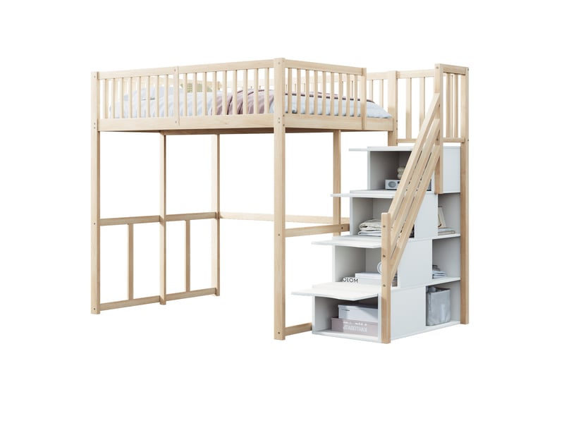  Lit mezzanine, 140x200 cm, pour chambre, avec escalier aménagé, garde corps, matelas non inclus, bois, coloris naturel  - Conforama A