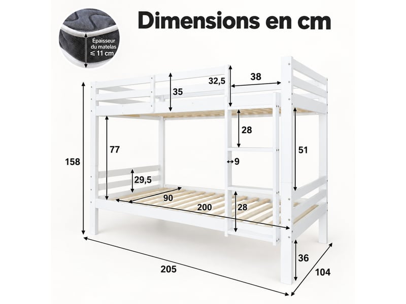  Lit superposé enfant 90 x 200 cm en pin, séparable en 2 lits simples, barrière de sécurité, échelle 3 marches, blanc  - Conforama C