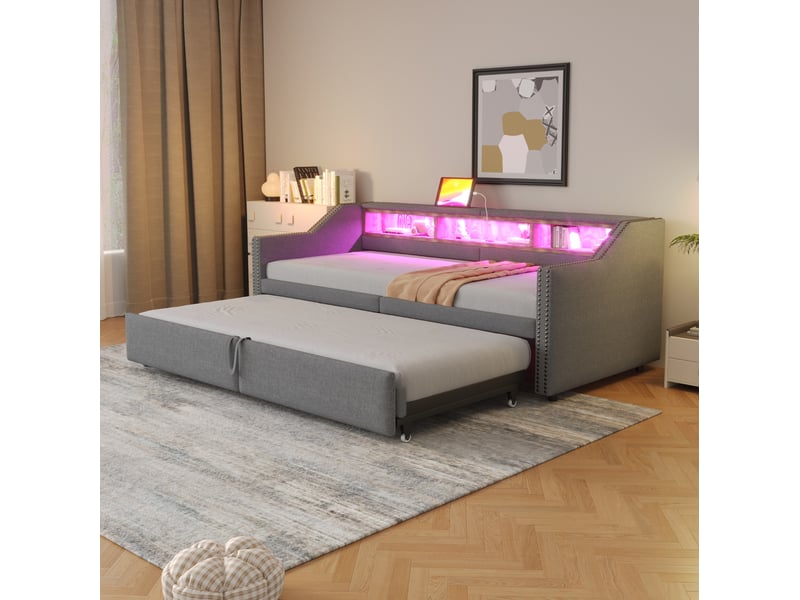  Modenvie canapé-lit gigogne 90180x200 cm - led, usb et rangements latéraux - avec 2 matelas - gris  - Conforama E