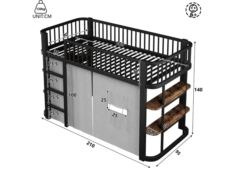  Lit mezzanine enfant 90x200 cm en métal avec rideaux occultants, led, étagères, garde-corps et espace inférieur modulable, noir  - Conforama C