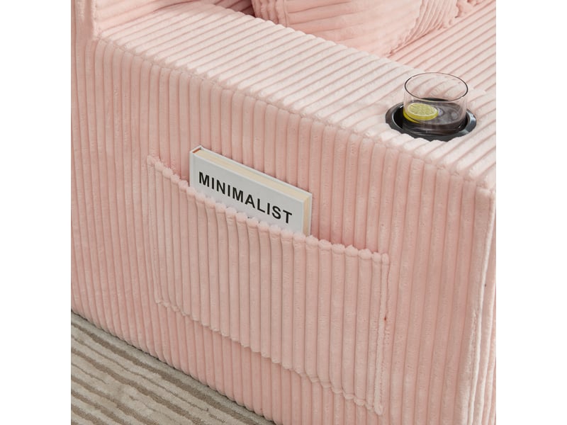 Canapé 2 places 151x133x64 cm rose en velours côtelé, pouf, 2 coussins, porte-gobelet, assise confort pour salon - Conforama E