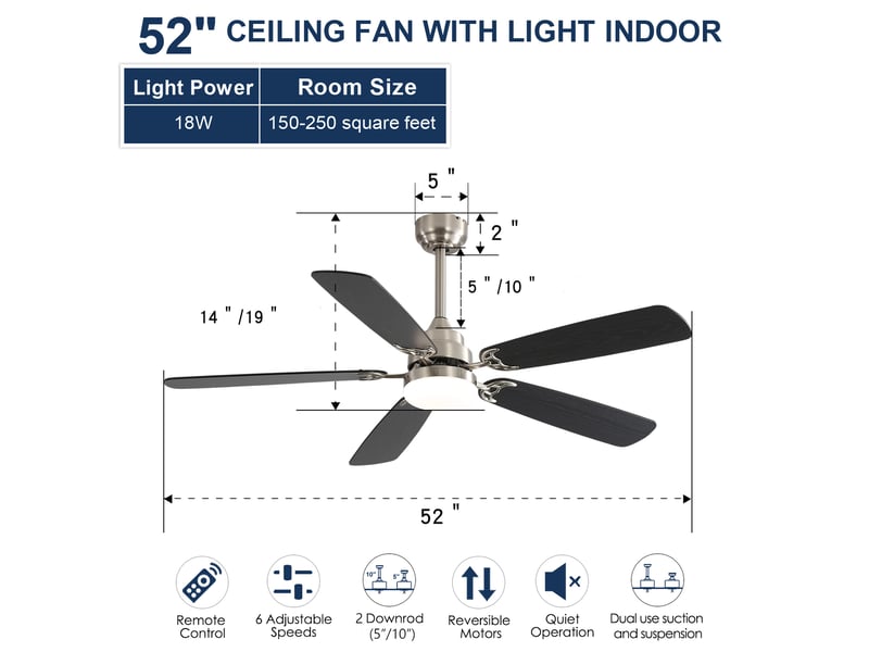  Ventilateur de plafond avec lampe led ø132cm dimmable cct | style classique 5 pales moteur dc silencieux | télécommande minuterie 18w - noir  - Conforama E