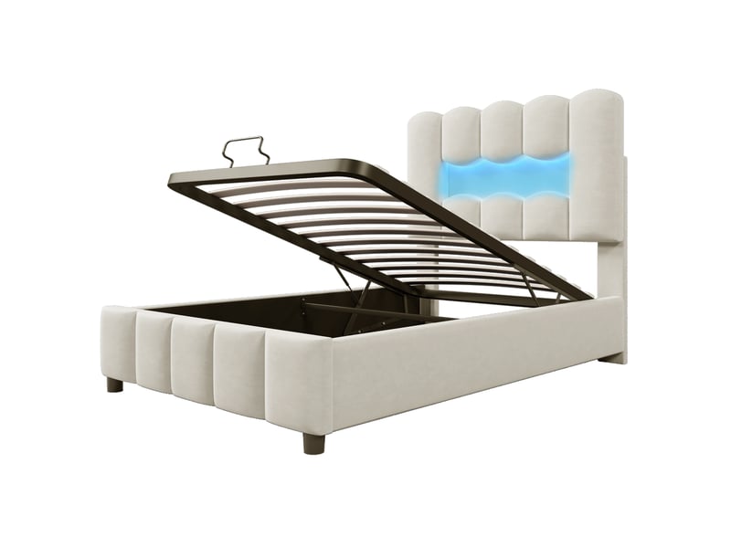 Lit rembourré beige 90x200 cm en velours avec led, rangement hydraulique, tête réglable - Conforama E