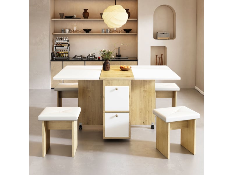  Ensemble table et 4 chaises de salle à manger - table pliante et extensible 120x80x75 cm multifonctionnelle avec 4 chaises, blanc et chêne evarich - Conforama B