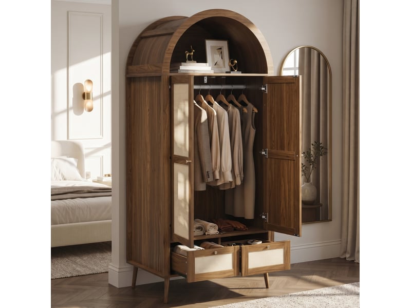  Armoire 2 portes et 2 tiroirs avec tringle et niche ouverte, design arqué, noyer et beige, 80 × 55 × 180 cm  - Conforama B