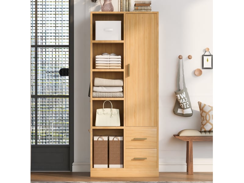 Armoire 1 porte avec 2 tiroirs et étagères ouvertes, 2 tringles pour chambre en bois clair 70 × 50 × 170 cm - Conforama D