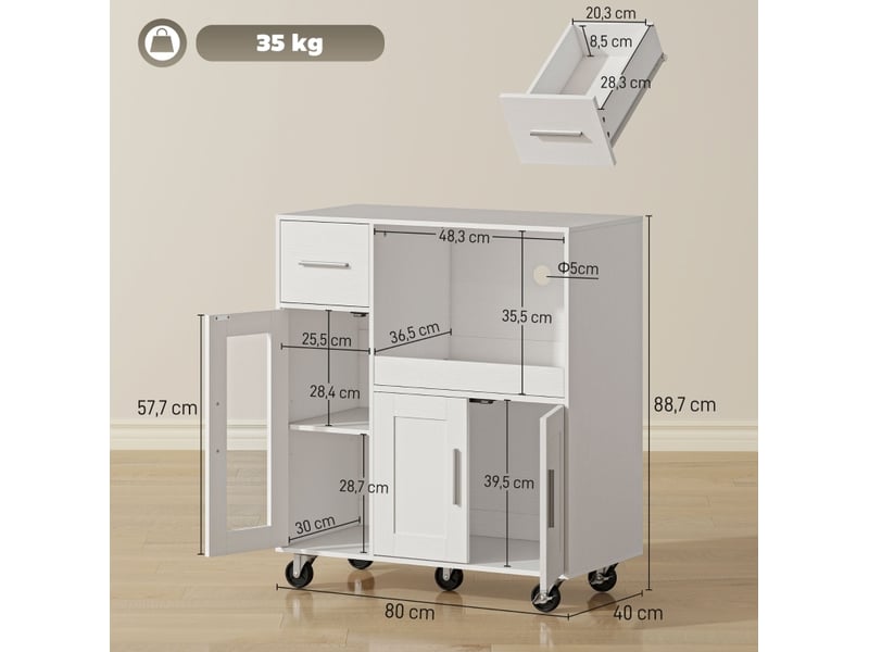  Meuble de cuisine sur roulettes 80x40x88,7 cm avec tiroir et tablette coulissante bois blanc  - Conforama E