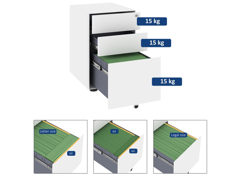  Caisson de bureau mobile en acier 39 x 48 x 59 cm – blanc – 3 tiroirs avec serrure et roulettes  - Conforama D