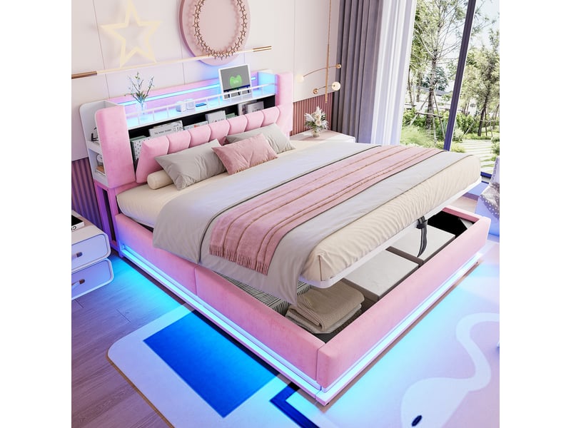 Lit coffre 180 x 200 cm avec rangement hydraulique, led et usb, lit double rembourré en velours avec rangement intégré dans la tête de lit - rose - Conforama C