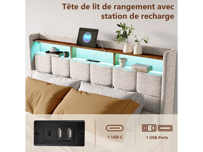  Lit double rembourré 140x200 cm avec sommier et 4 tiroirs, lit 2 personnes avec rangement et tête de lit, led et usb, lin beige  - Conforama R