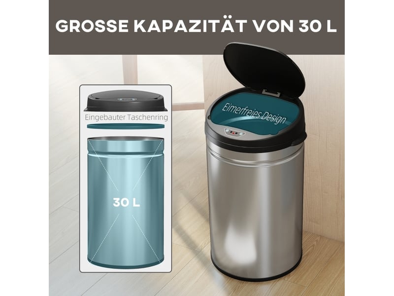Poubelle de cuisine à capteur 30 l 32 x 30,5 x 51 cm – argent – ouverture sans contact et fermeture douce - Conforama E